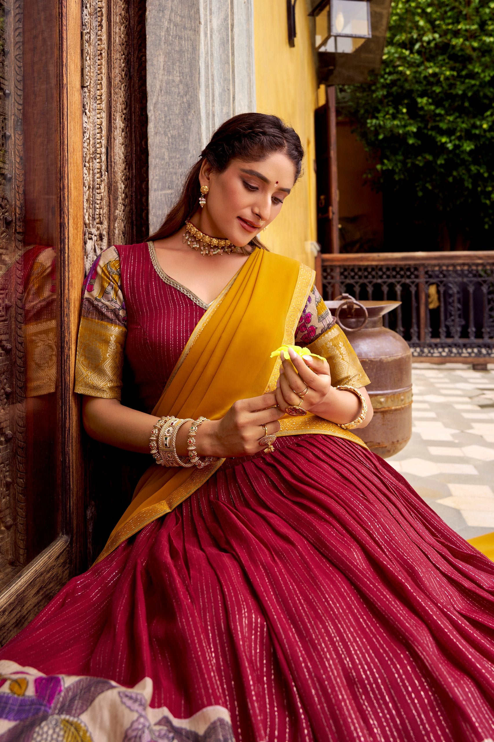 Red Kalamkari Printed With Zari Weaving Work Lehenga Choli