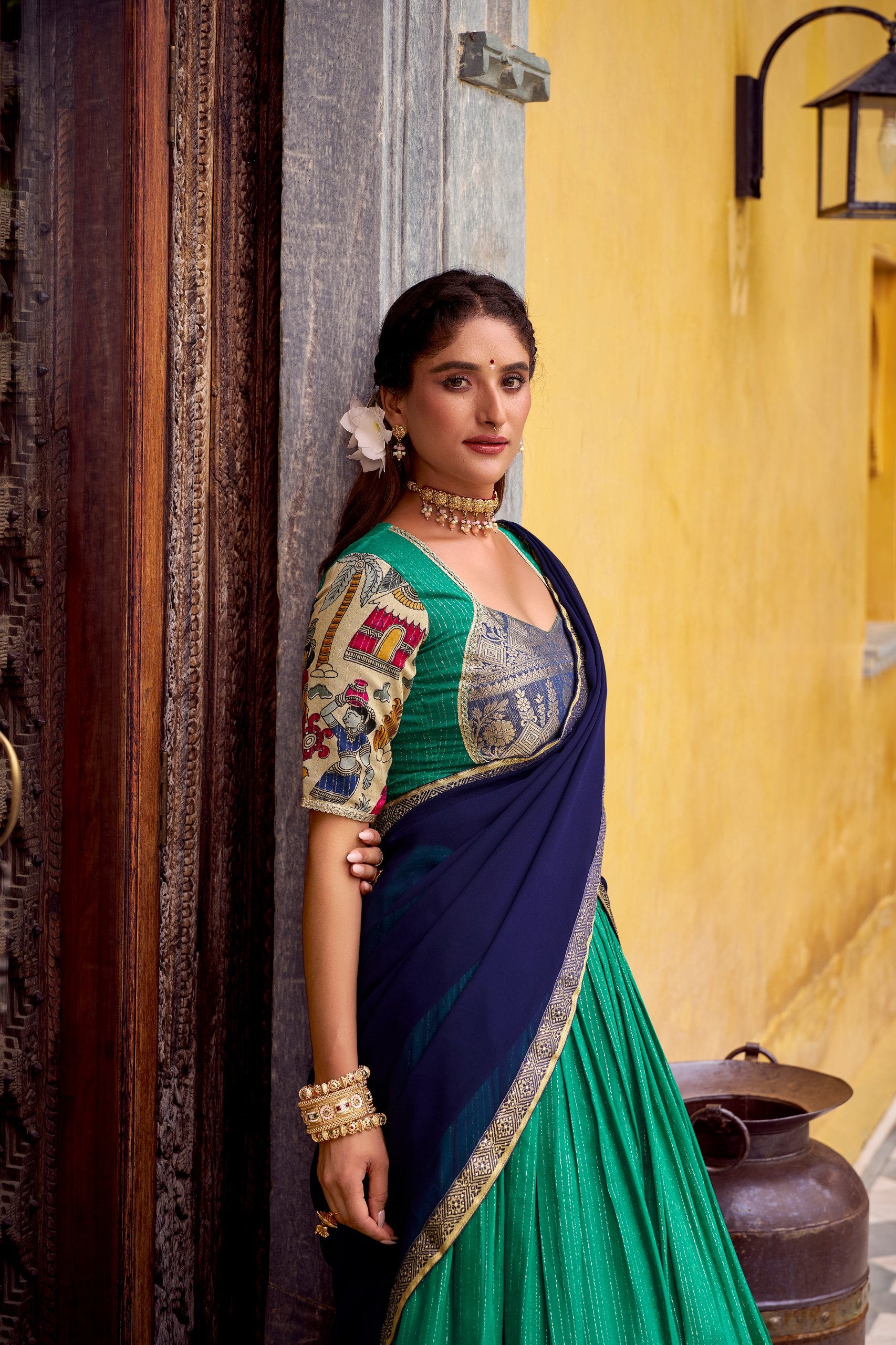 Bee Green Kalamkari Printed With Zari Weaving Work Lehenga Choli