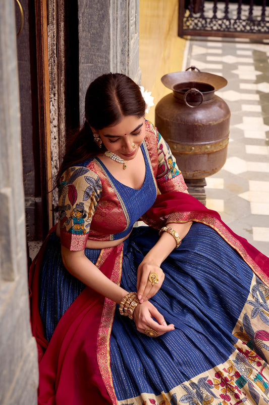 Navy Blue Kalamkari Printed With Zari Weaving Work Lehenga Choli