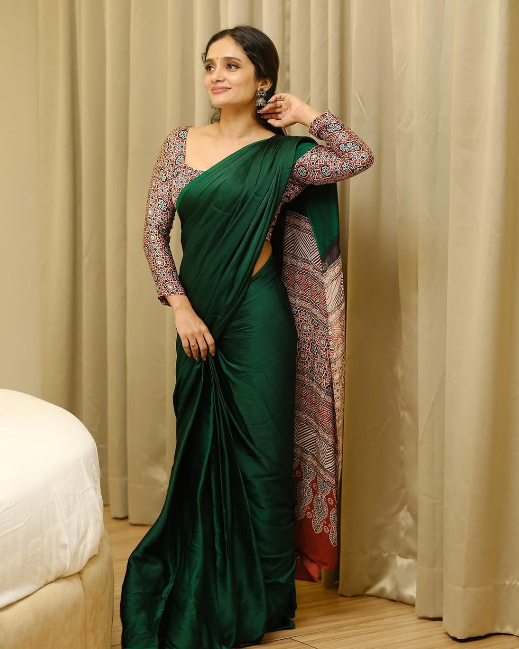 Dark Green Semi Gajji Silk Ajrakh Saree with Rich Pallu – Traditional Designer Saree