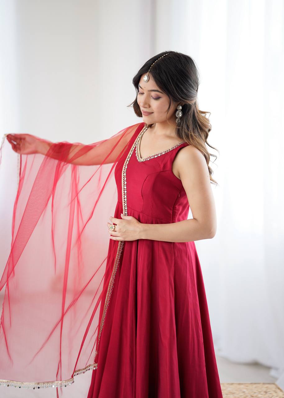 Maroon Heavy Pure Roman silk Chanderi Fabric Salwar Suit