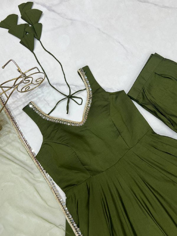 Mehandi Heavy Pure Roman silk Chanderi Fabric Salwar Suit