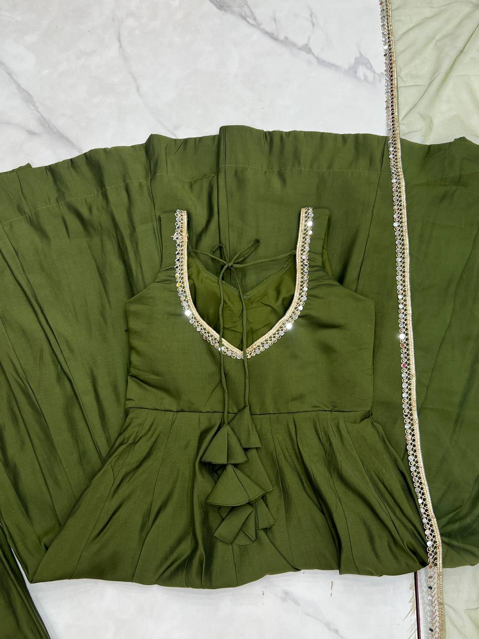 Mehandi Heavy Pure Roman silk Chanderi Fabric Salwar Suit