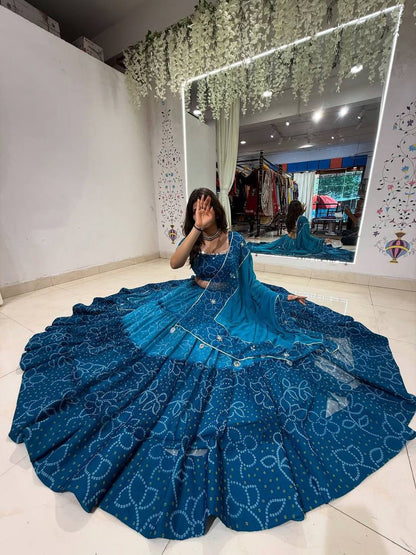 Blue Printed Georgette Real Mirror Work Navratri Lehenga Choli