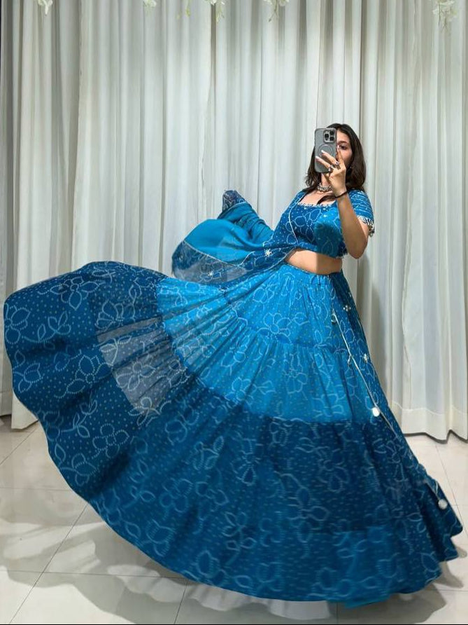 Blue Printed Georgette Real Mirror Work Navratri Lehenga Choli