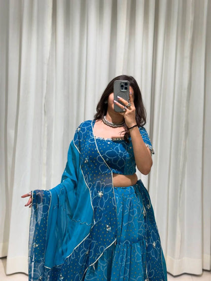 Blue Printed Georgette Real Mirror Work Navratri Lehenga Choli