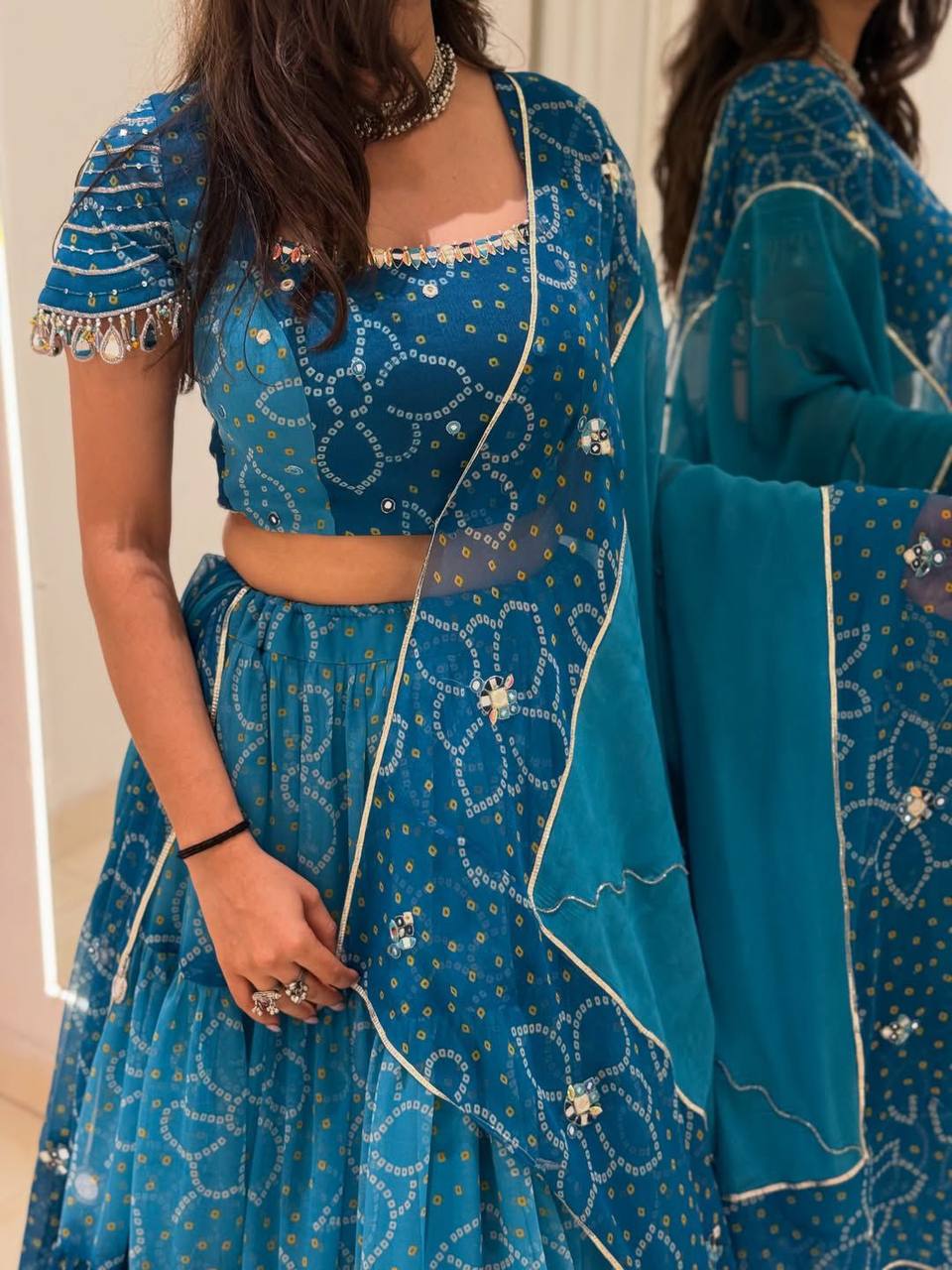 Blue Printed Georgette Real Mirror Work Navratri Lehenga Choli