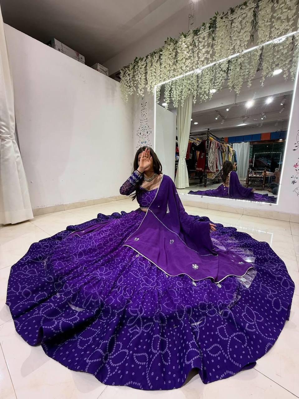 Purple Printed Georgette Real Mirror Work Navratri Lehenga Choli
