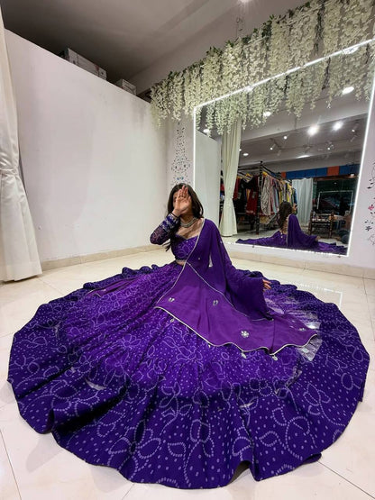 Purple Printed Georgette Real Mirror Work Navratri Lehenga Choli