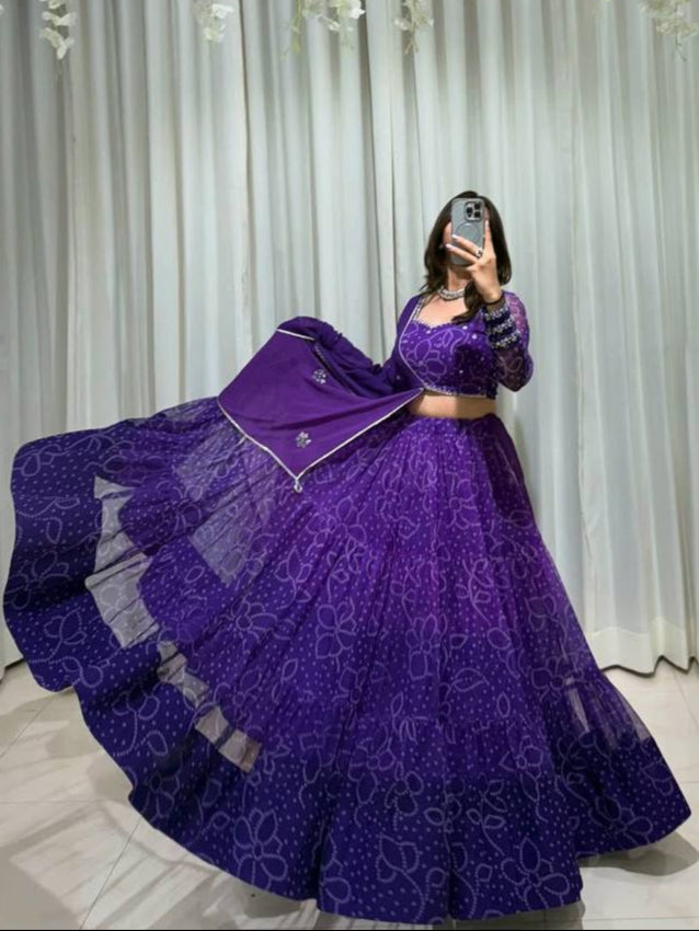 Purple Printed Georgette Real Mirror Work Navratri Lehenga Choli