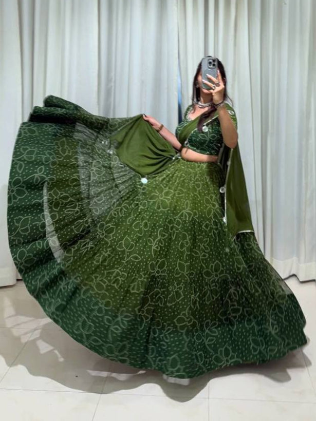 Green Printed Georgette Real Mirror Work Navratri Lehenga Choli