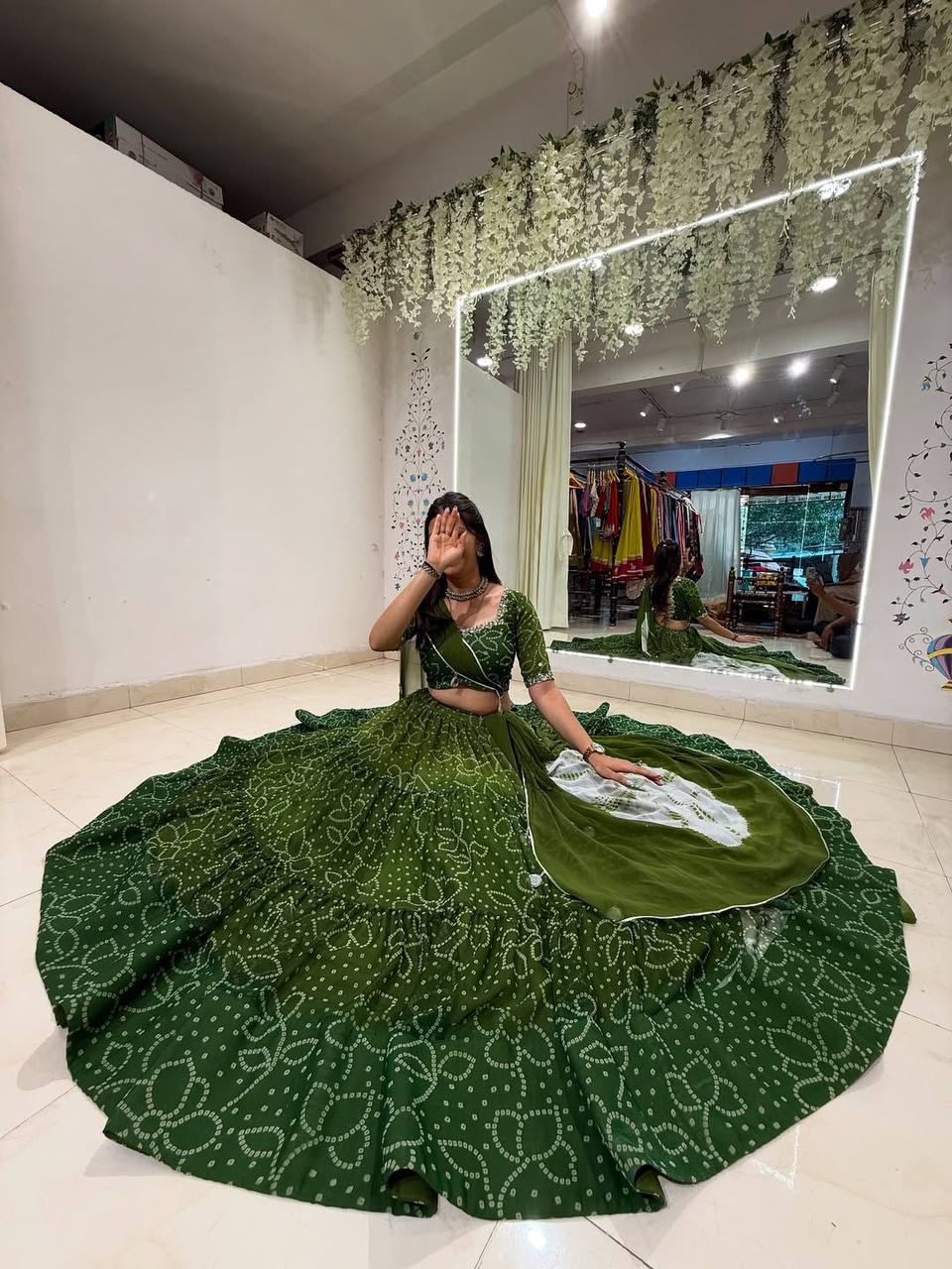 Green Printed Georgette Real Mirror Work Navratri Lehenga Choli