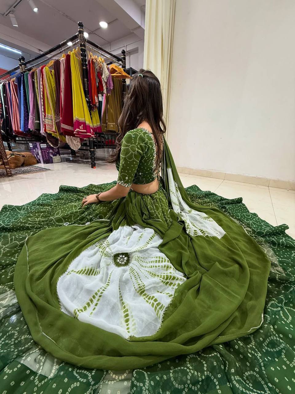 Green Printed Georgette Real Mirror Work Navratri Lehenga Choli