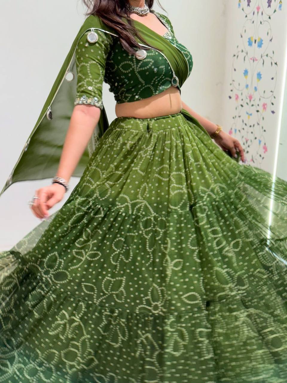 Green Printed Georgette Real Mirror Work Navratri Lehenga Choli