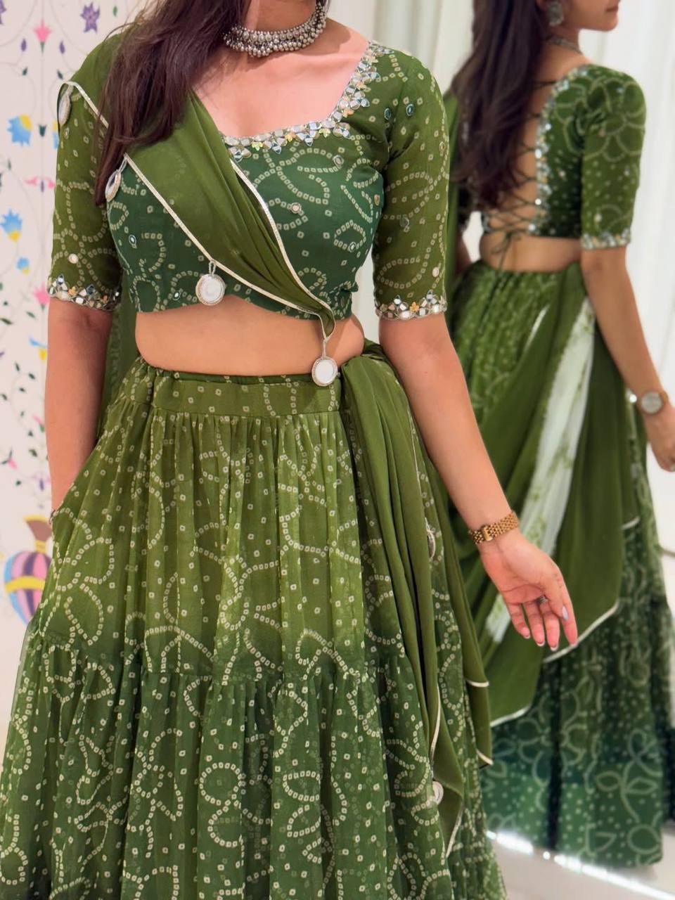 Green Printed Georgette Real Mirror Work Navratri Lehenga Choli
