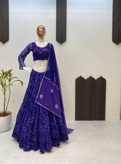 Purple Printed Georgette Real Mirror Work Navratri Lehenga Choli