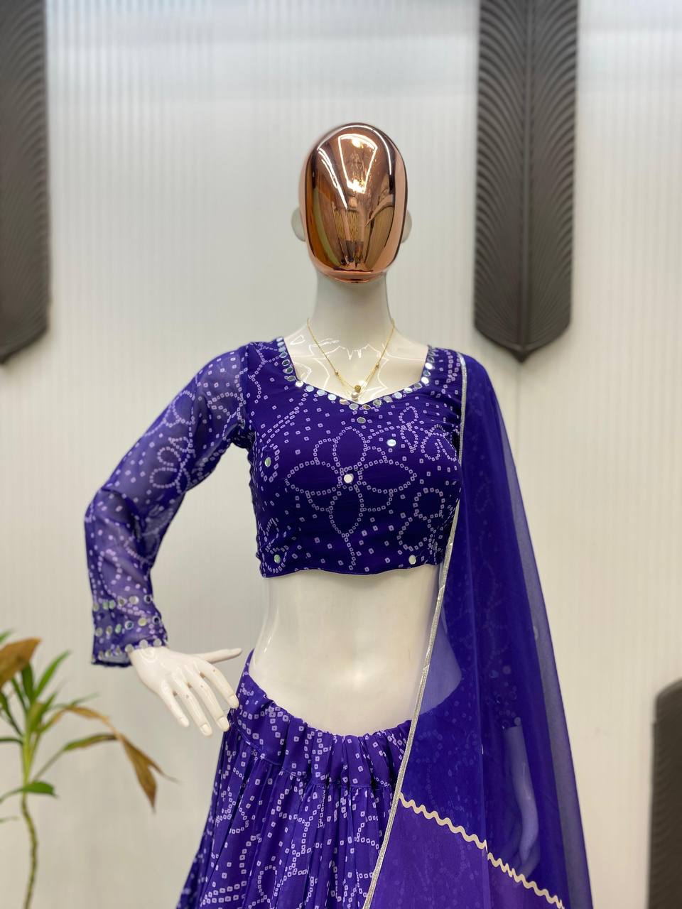 Purple Printed Georgette Real Mirror Work Navratri Lehenga Choli