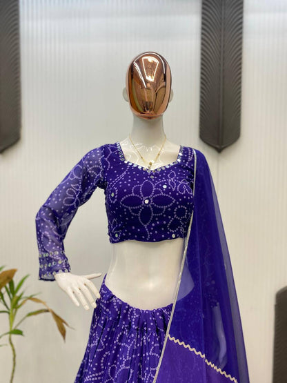 Purple Printed Georgette Real Mirror Work Navratri Lehenga Choli