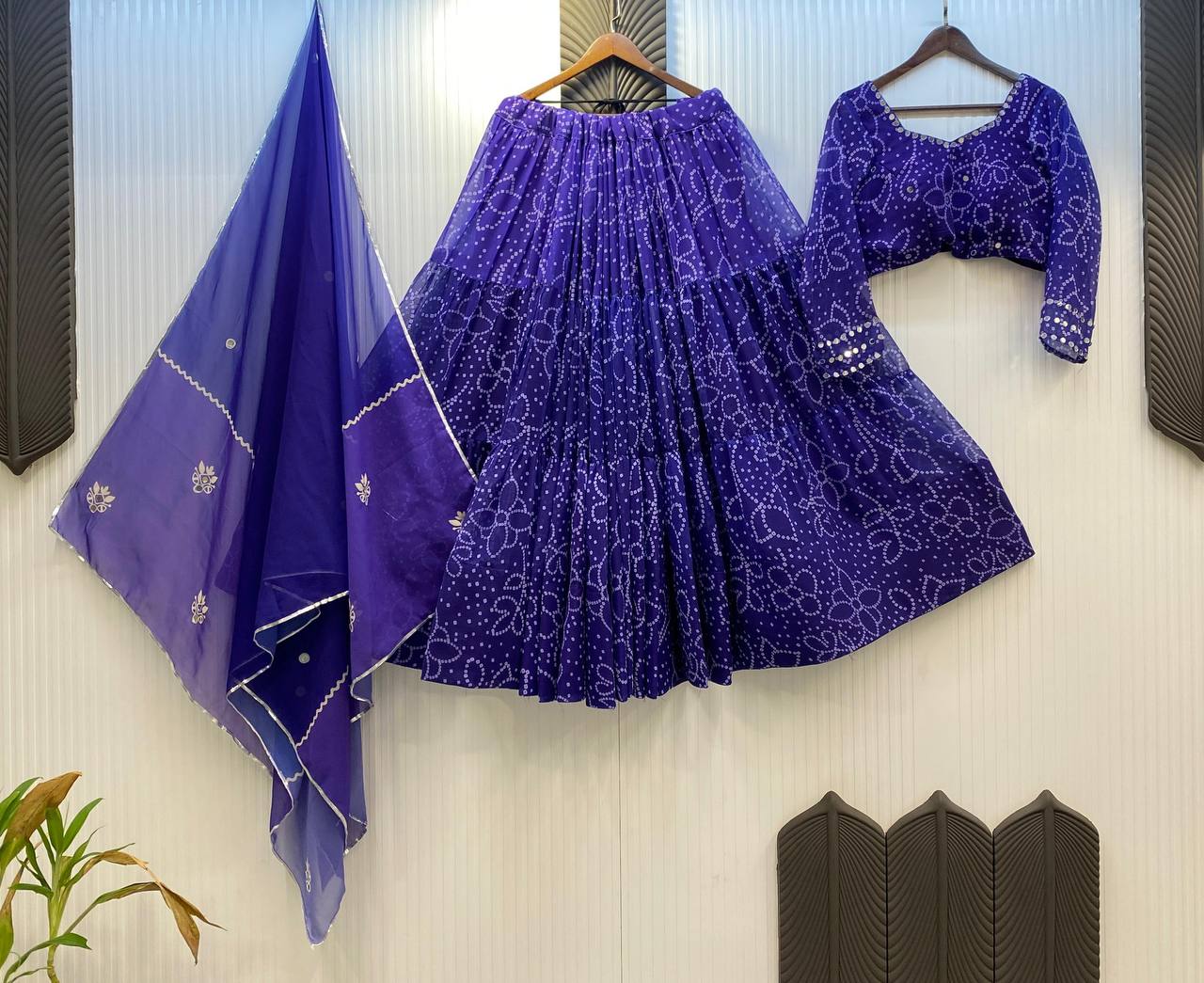 Purple Printed Georgette Real Mirror Work Navratri Lehenga Choli