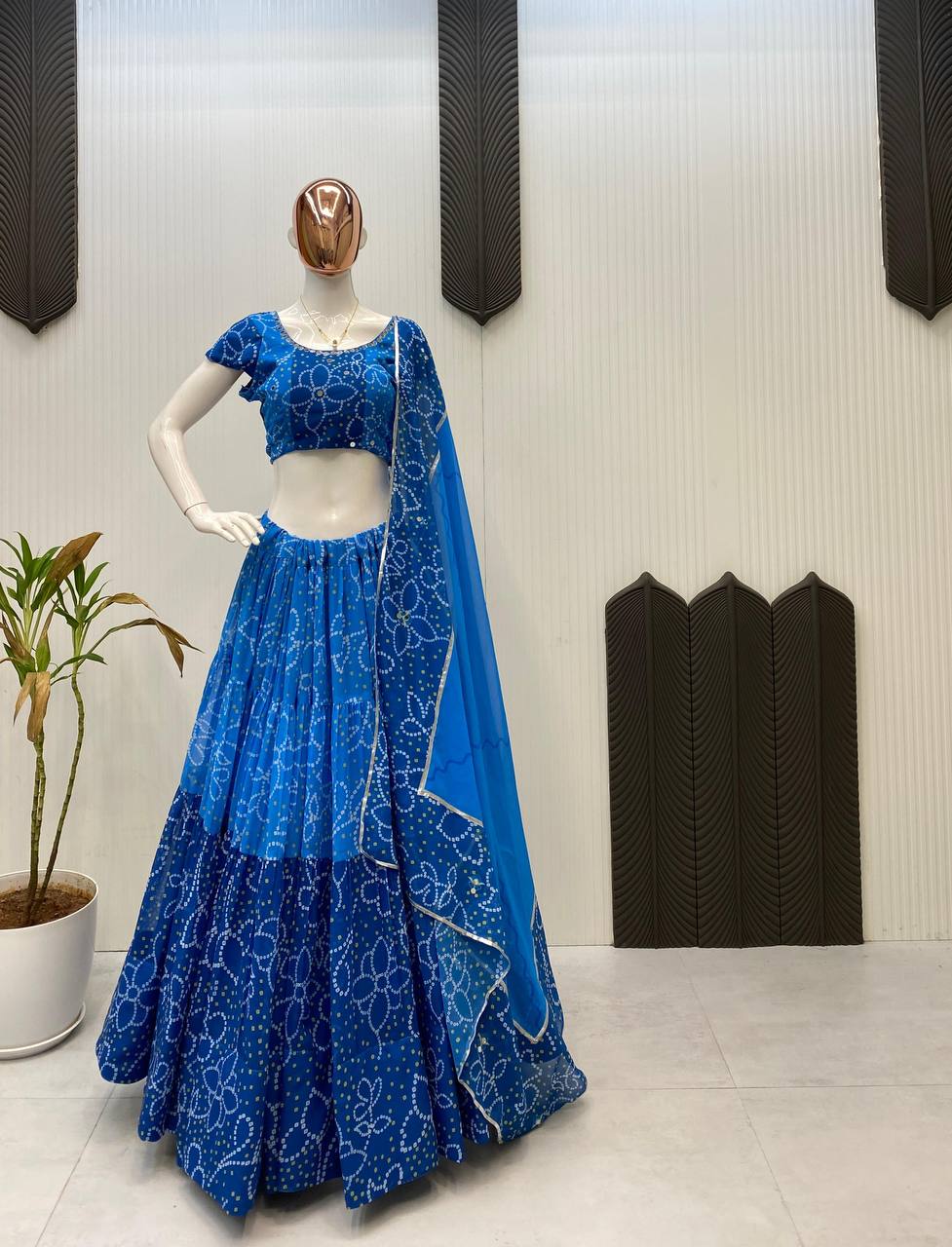 Blue Printed Georgette Real Mirror Work Navratri Lehenga Choli