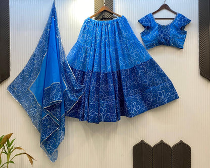 Blue Printed Georgette Real Mirror Work Navratri Lehenga Choli