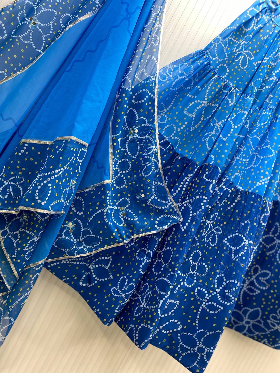 Blue Printed Georgette Real Mirror Work Navratri Lehenga Choli