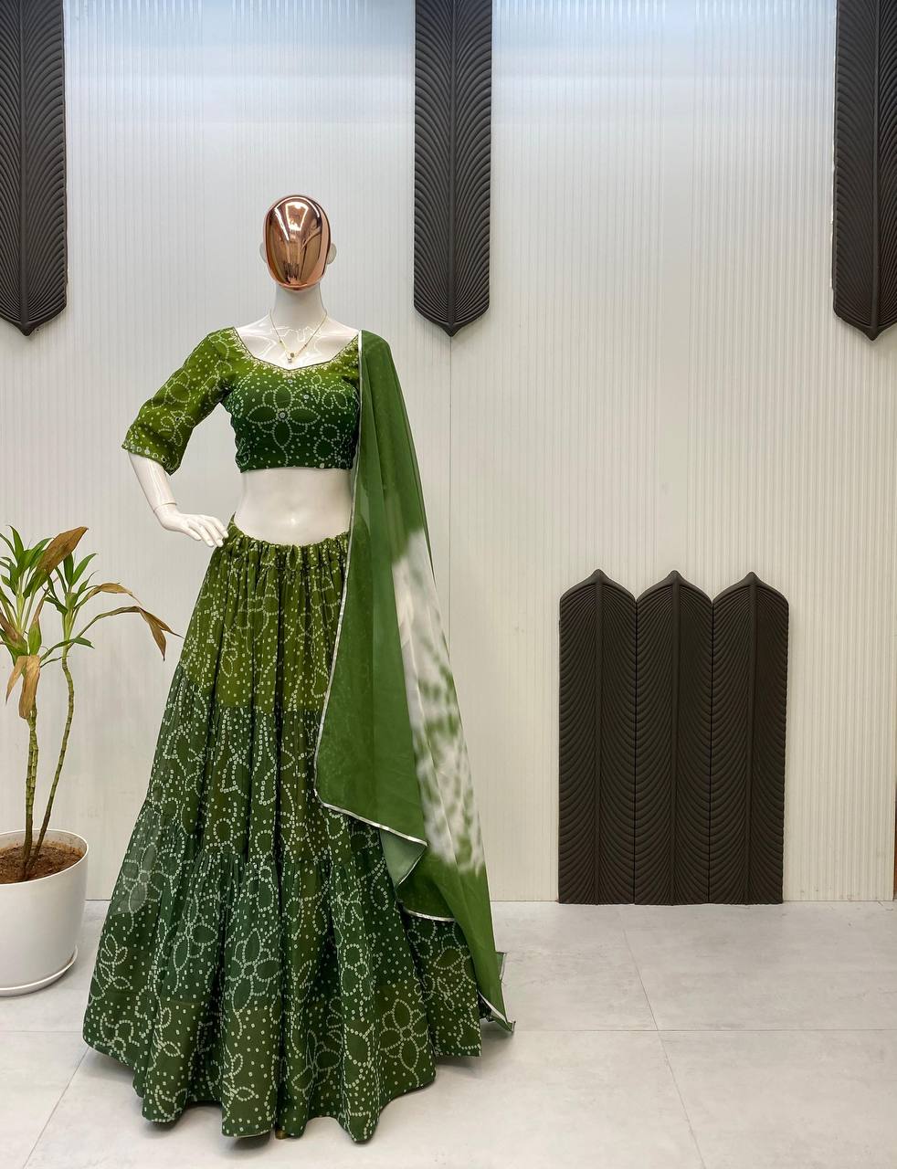 Green Printed Georgette Real Mirror Work Navratri Lehenga Choli