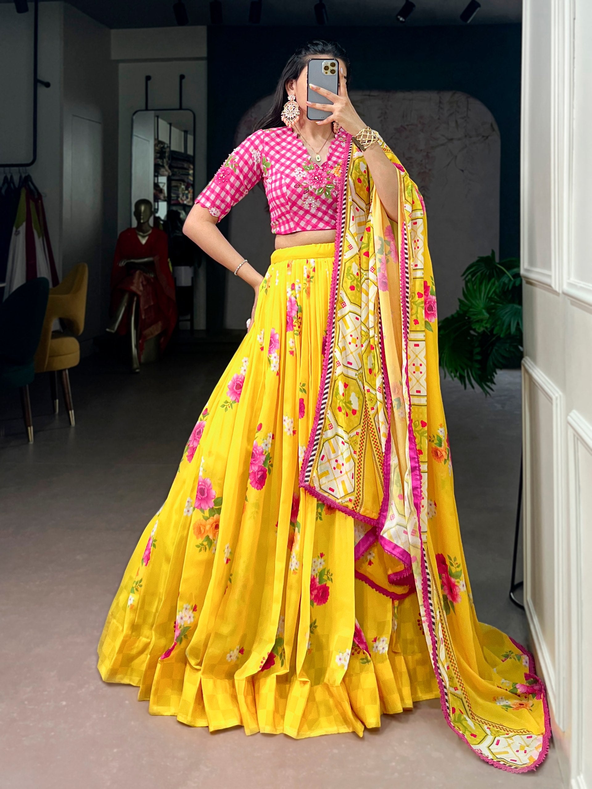 Floral printed lehenga choli yellow with sequin handwork blouse
