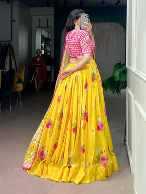 Designer yellow georgette lehenga with patola border dupatta for haldi
