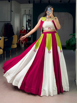 Rani pink green white designer Navratri lehenga choli rayon kali panel
