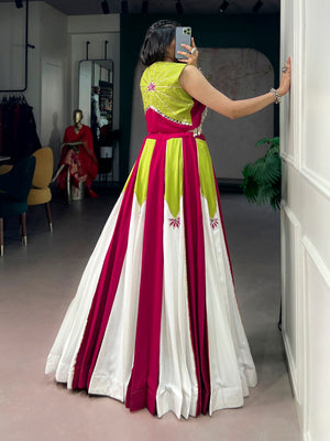 Designer chaniya choli with contrast panel and lotus motif embroidery
