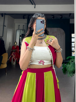 Multi-color garba lehenga with gota patti and shell tassel cape
