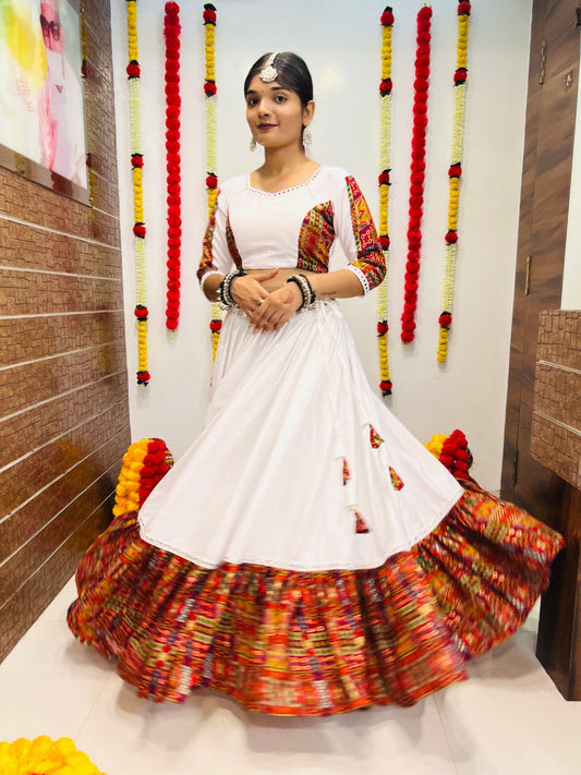 White Pure Reyon Silk Printed With Mirror Lace Work Navratri Lehenga Choli