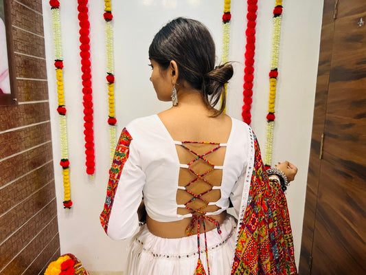 White Pure Reyon Silk Printed With Mirror Lace Work Navratri Lehenga Choli