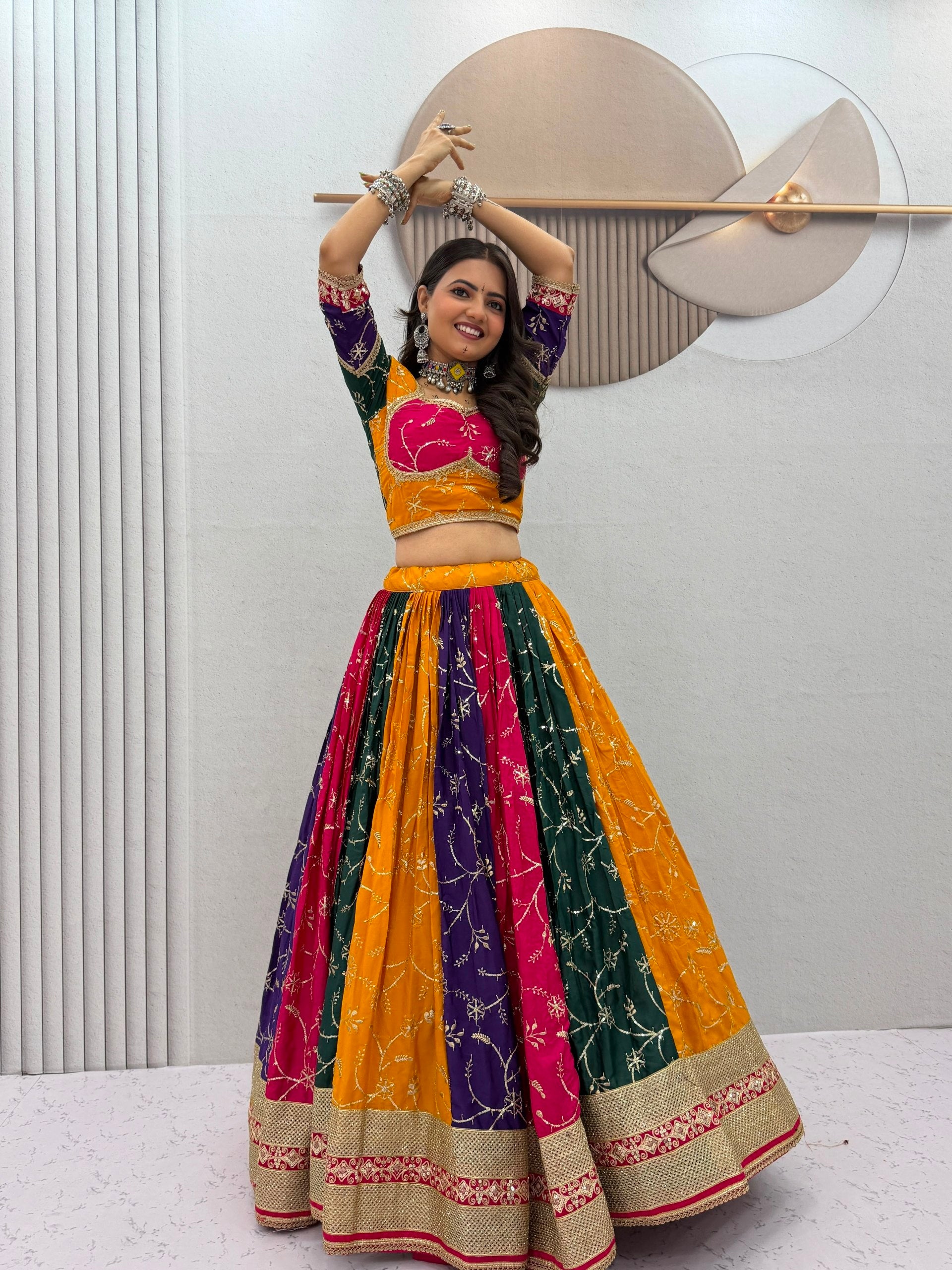 Traditional multicolour Navratri lehenga choli with thread sequin work for garba
