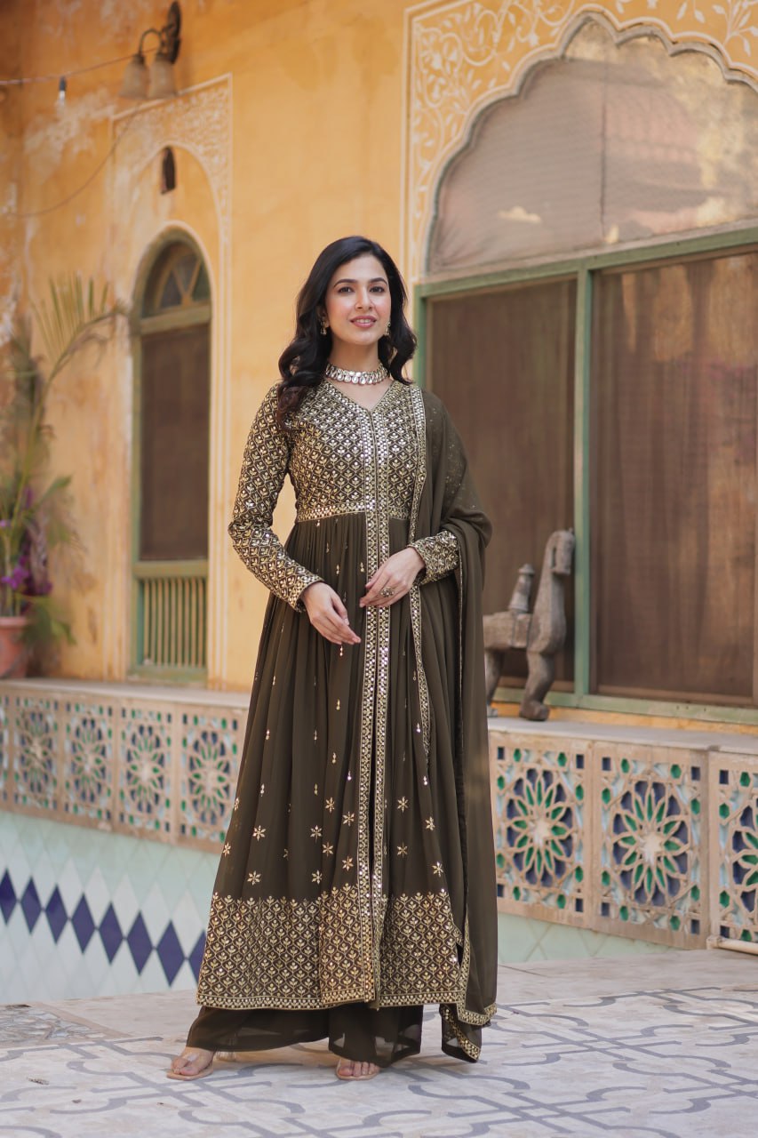 Mehndi Faux Georgette With Embroidered Work Kurti With Pant Dupatta Set