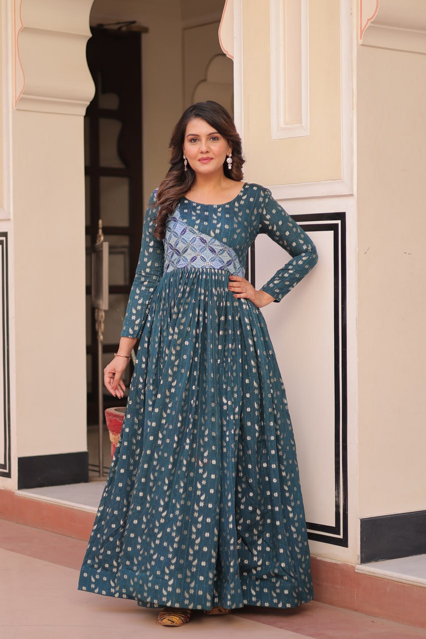 Rama Color Position Print Choli With Staple Jequard Weaving Work Gown