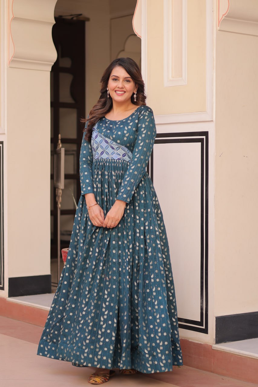 Rama Color Position Print Choli With Staple Jequard Weaving Work Gown