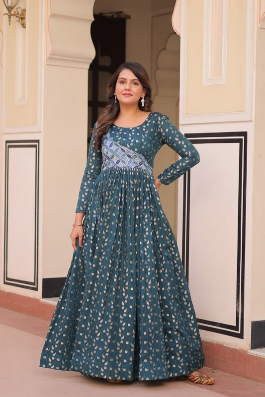 Rama Color Position Print Choli With Staple Jequard Weaving Work Gown