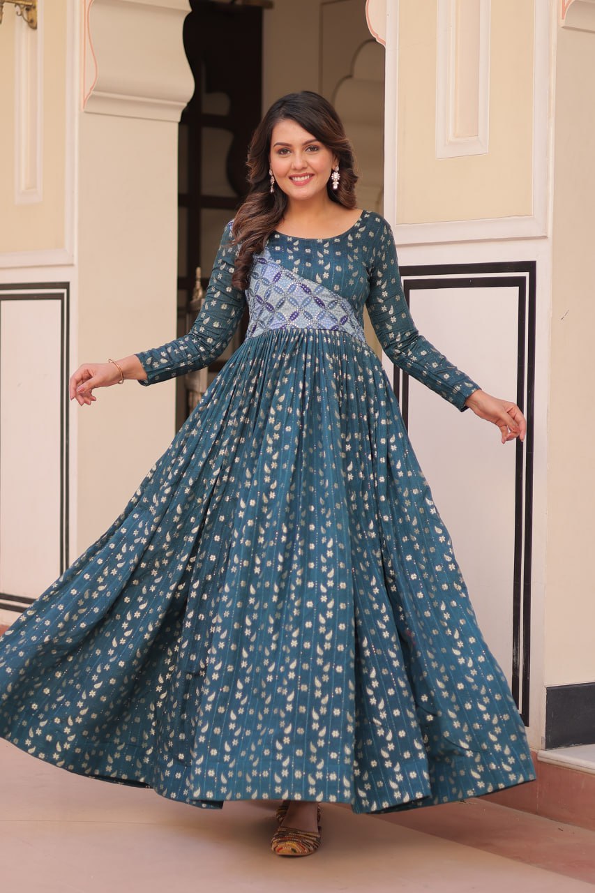 Rama Color Position Print Choli With Staple Jequard Weaving Work Gown