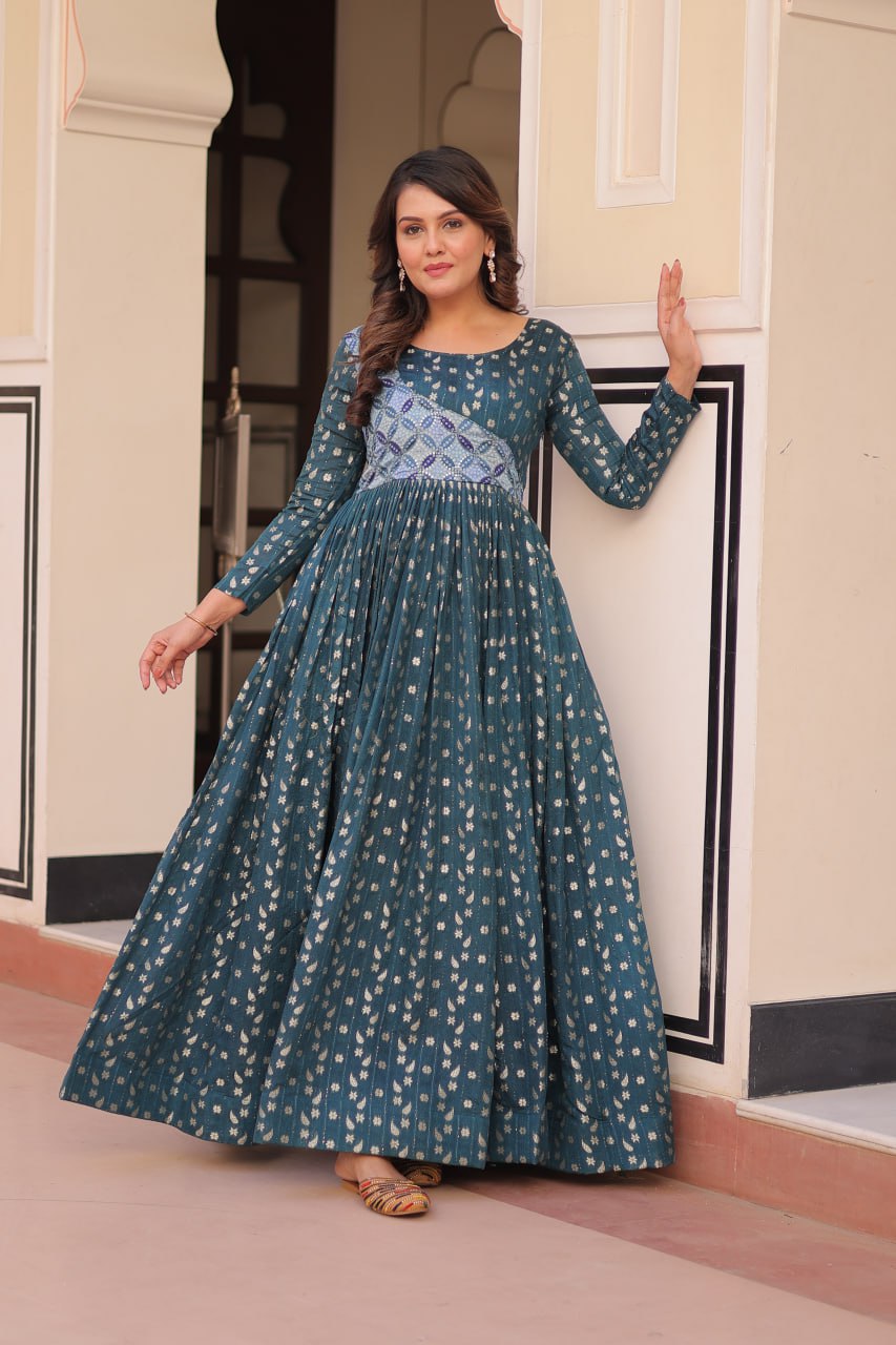 Rama Color Position Print Choli With Staple Jequard Weaving Work Gown