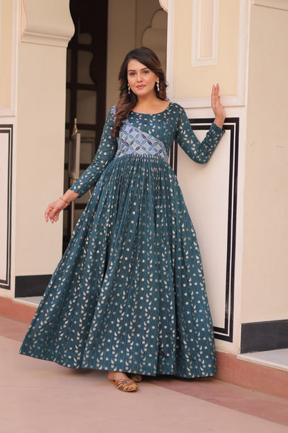 Rama Color Position Print Choli With Staple Jequard Weaving Work Gown