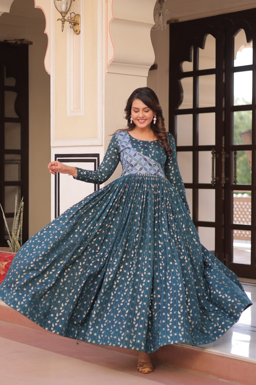 Rama Color Position Print Choli With Staple Jequard Weaving Work Gown