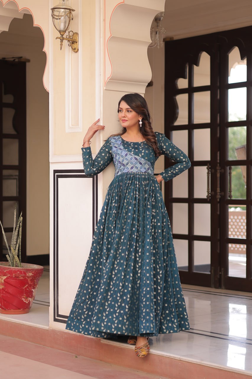 Rama Color Position Print Choli With Staple Jequard Weaving Work Gown