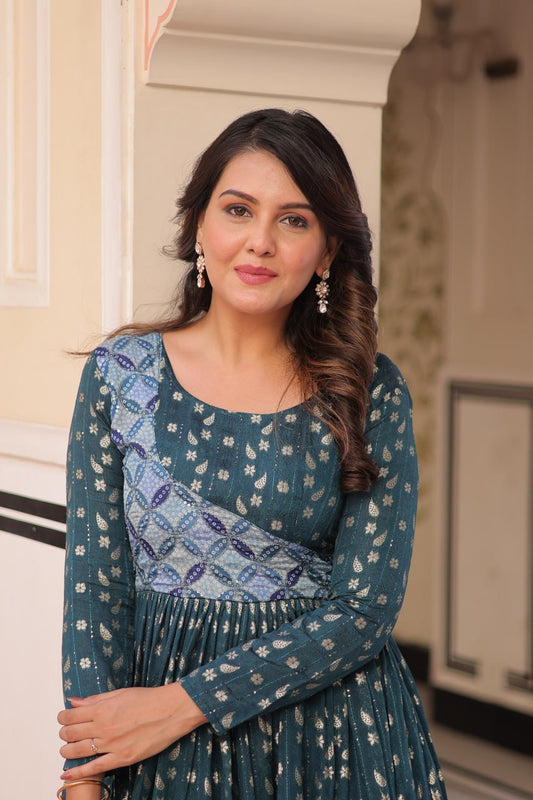 Rama Color Position Print Choli With Staple Jequard Weaving Work Gown