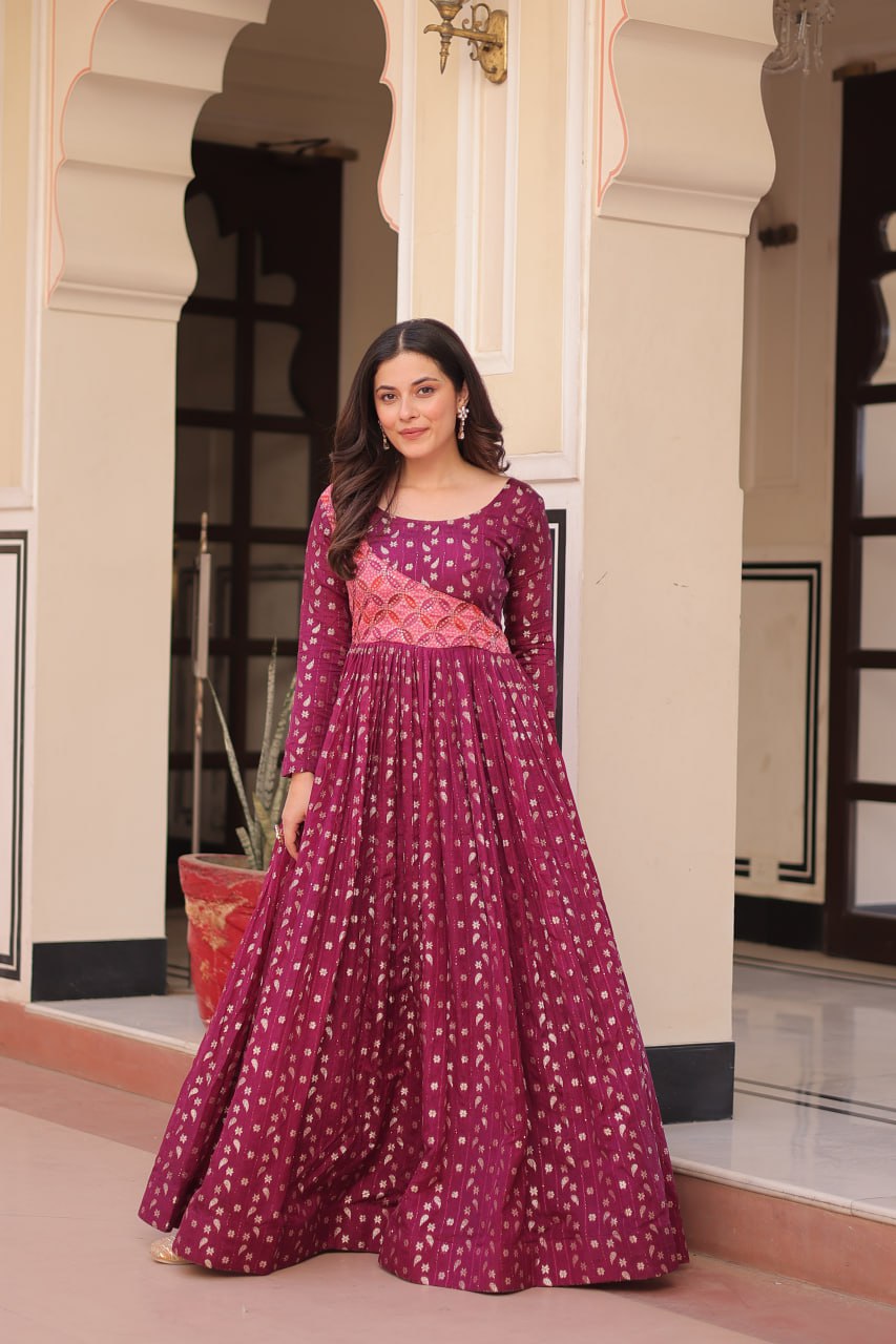 Wine Color Position Print Choli With Staple Jequard Weaving Work Gown