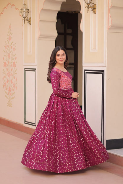 Wine Color Position Print Choli With Staple Jequard Weaving Work Gown
