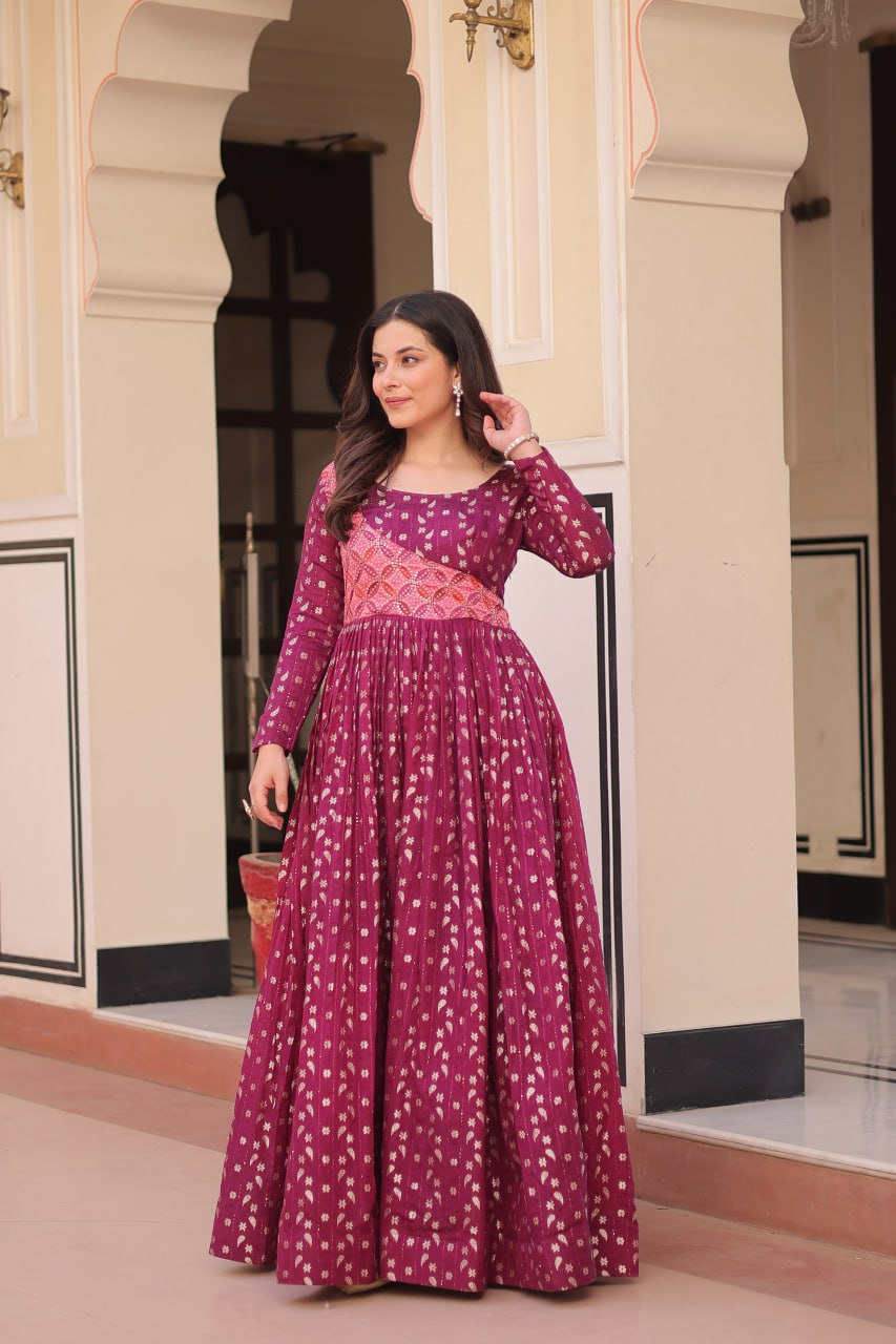 Wine Color Position Print Choli With Staple Jequard Weaving Work Gown