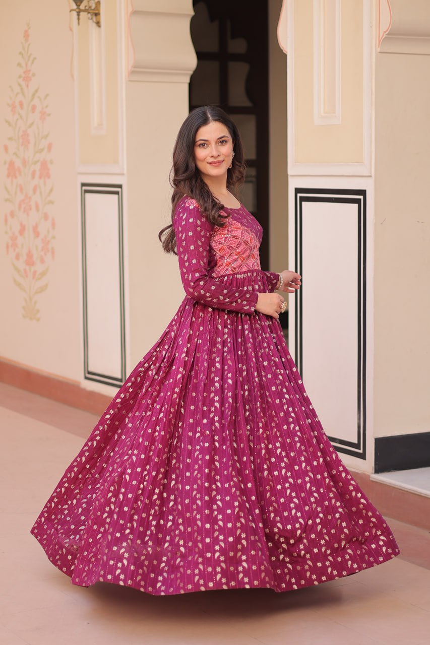 Wine Color Position Print Choli With Staple Jequard Weaving Work Gown