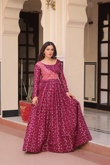 Wine Color Position Print Choli With Staple Jequard Weaving Work Gown